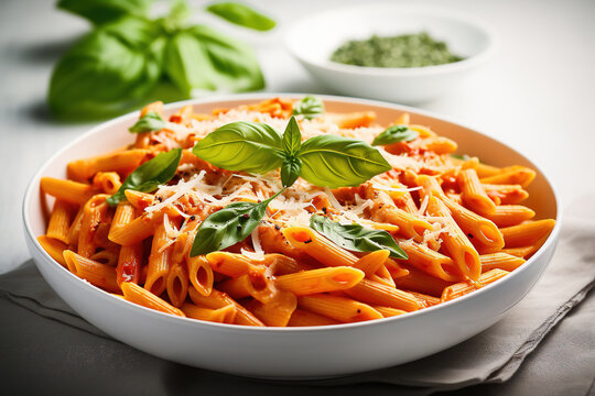 Penne pasta in tomato sauce and cheese with basil on a white wooden background