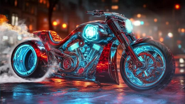 Futuristic chrome motorcycle with vibrant blue and red neon lights, smoky tire burnout at night. Seamless looping 4k time-lapse 