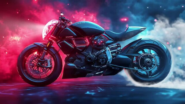 Sleek black motorcycle with neon lighting, tire smoke, and futuristic aesthetic. Seamless looping 4k time-lapse 
