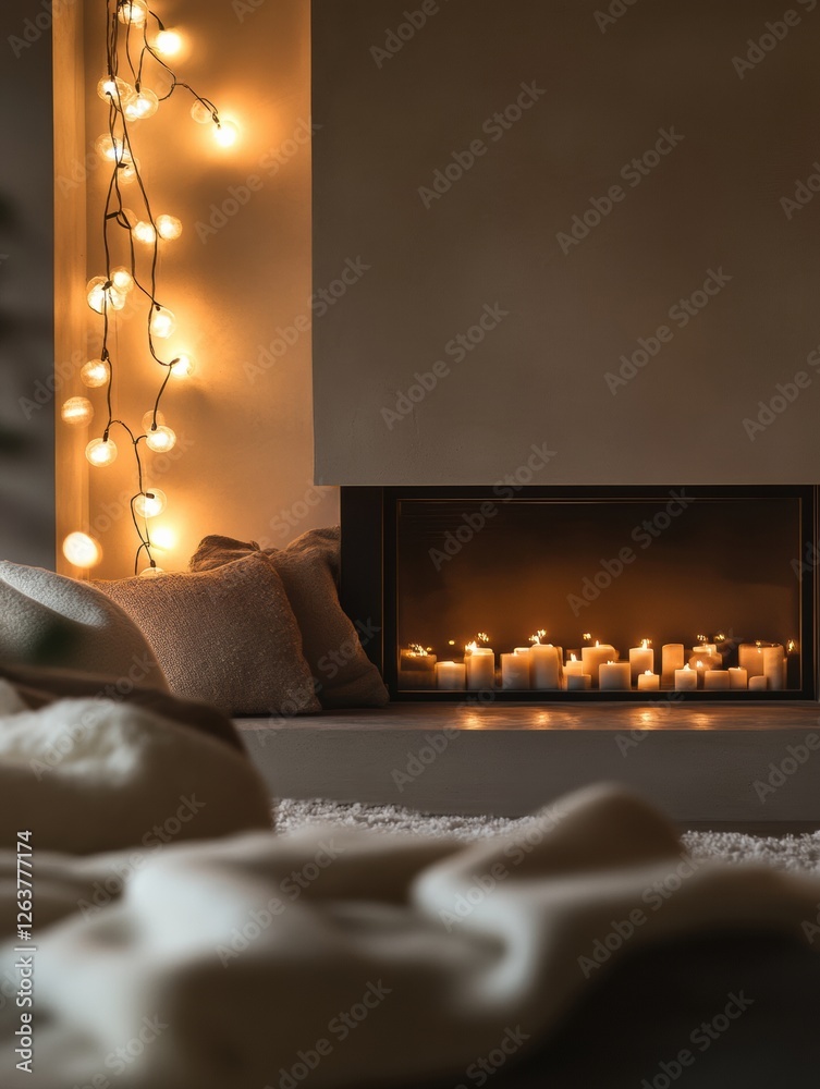 Poster cozy living room with candles and warm lights creating tranquil atmosphere during evening hours. gen
