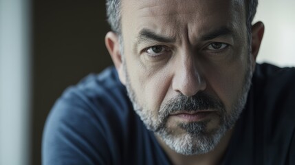 Obraz premium Intense expression of a man with a beard in a dimly lit room during the late afternoon