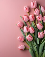 Obraz premium top view of pink tulips on table