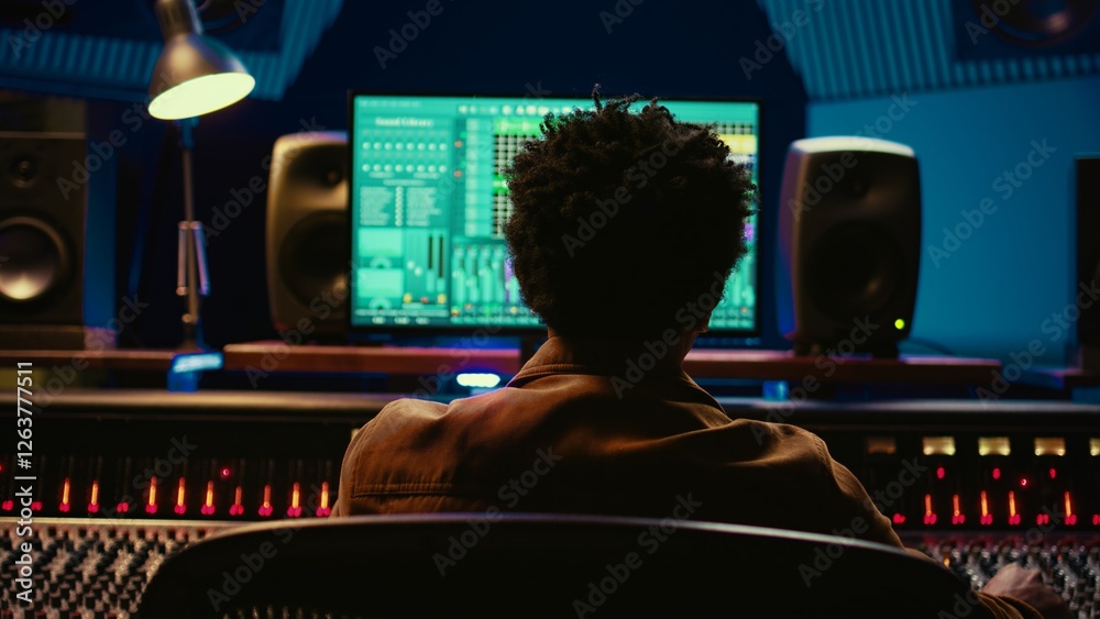 Poster African american music producer mixing and mastering tracks on audio console, twisting knobs and pushing sliders to edit tunes. Sound engineer producing new songs in control room. Camera B.