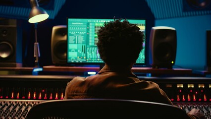 African american music producer mixing and mastering tracks on audio console, twisting knobs and...
