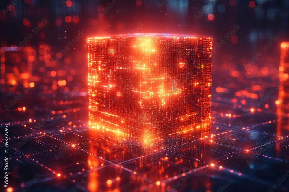Poster a futuristic glowing cube made up of many tiny digital elements resembling code or microchips.