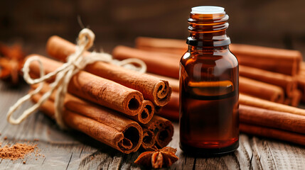 Cinnamon Sticks, Essential Oil, and Star Anise on Wood