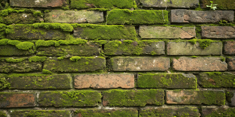 Obraz premium Front view of fully mossy brick texture with uneven, aged bricks