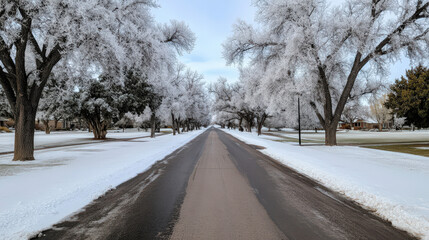 Obraz premium Serene Winter Landscape with Snow-Covered Trees Flanking a Quiet Roadway on a Chilly Day in a Calm Rural Neighborhood Scene