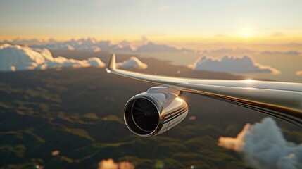 Fototapeta premium A close-up view of an airplane wing and engine against a stunning sunset sky, showcasing the beauty of aviation. Aviation Edge, Dynamic Wing