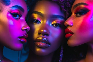 Obraz premium Women showcasing vibrant makeup styles with colorful lighting in a creative art setting