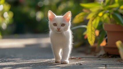 A cute white kitten running down the garden path