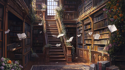 In a quiet library books fly off the shelves whispering secrets to the visitors. Whispering Book Archives. Illustration
