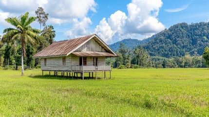 Fototapeta premium Serene Wooden House on Stilt Amidst Lush Green Rice Field with Mountain Background