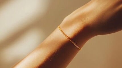 Delicate gold bracelet resting on a sunlit wrist with warm tones and soft shadows