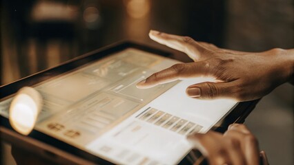 A closeup of two fingers tapping on a floating holographic interface revealing detailed product information and shipping statuses in a vibrant translucent display.