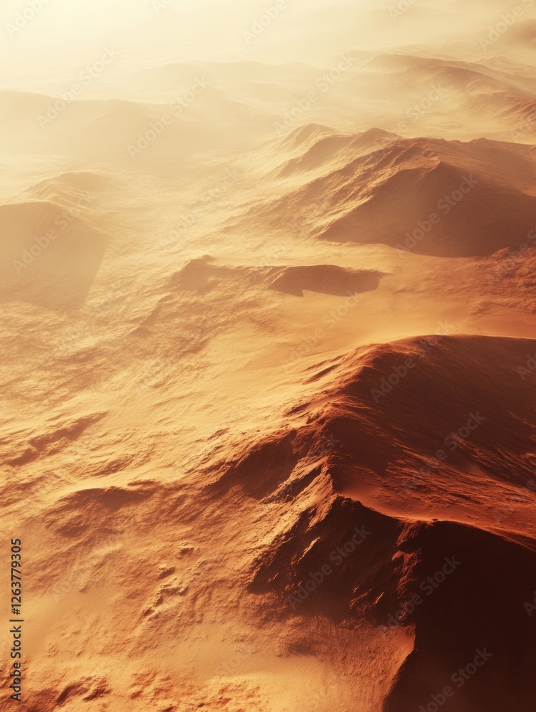 Poster View of rugged Martian landscape showcasing hills and valleys during sunset with soft light filtering through the atmosphere. Generative AI
