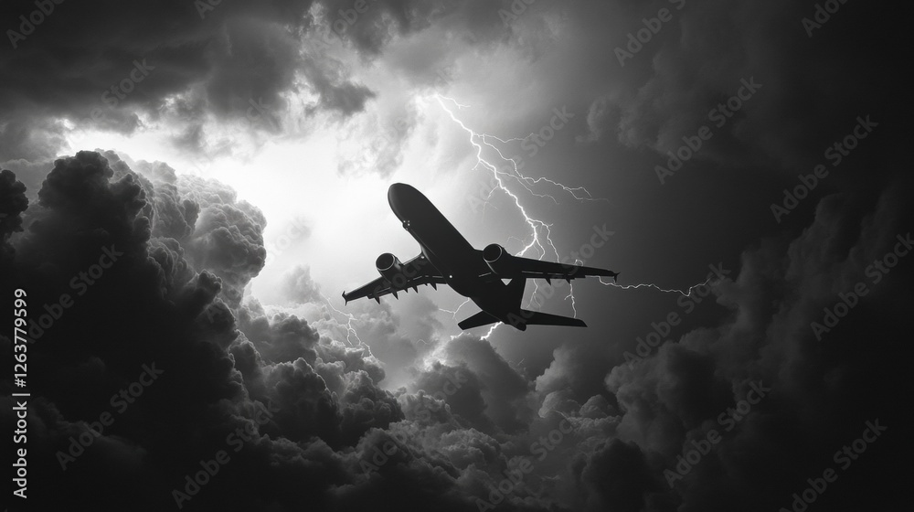 Poster dramatic view of an airplane flying amidst dark storm clouds and lightning striking. generative ai