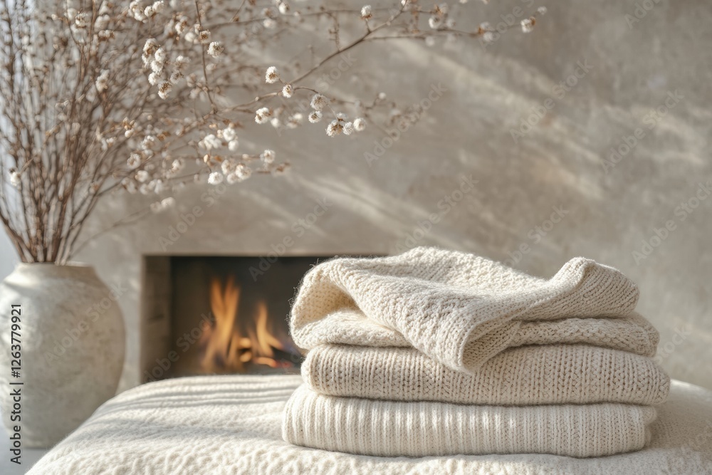 Poster Cozy neutral toned knitted sweaters stacked in a warm indoor setting with a subtle fireplace glow. Generative AI