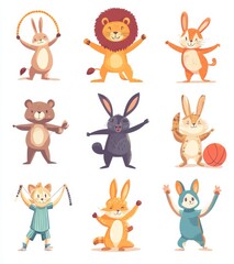 Naklejka premium A delightful cartoon set of animals involved in sports. These adorable animals participating in sports can inspire children to be active. The modern illustrations are great for a children's sports