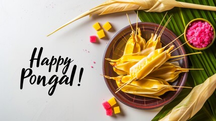 Pongal dish served on a banana leaf, surrounded by sugarcane and colorful festive sweets. A representation of traditional South Indian harvest celebrations. AI generated.