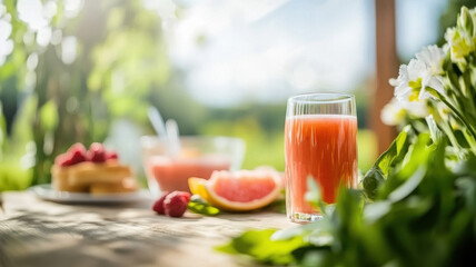 vibrant brunch spread featuring grapefruit juice, fresh raspberries, and waffles, set in sunny outdoor environment