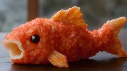 Adorable red rice sculpted into a goldfish shape.