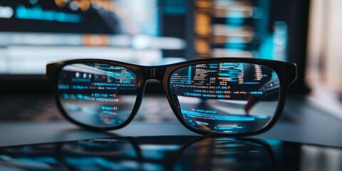 Innovative technology displayed through computer code reflected in stylish glasses on a working desk