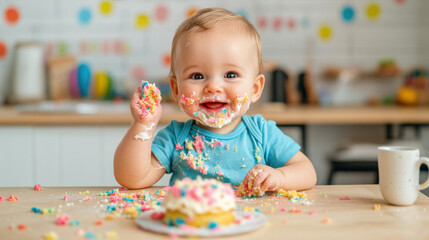 Fototapeta premium Cutie Pie, Chubby-cheeked baby with frosting on face, high fidelity image, perfect for vibrant, cheerful content.