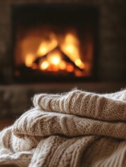 Cozy knitted blankets folded near a warm fireplace in a rustic living room during winter evenings. Generative AI