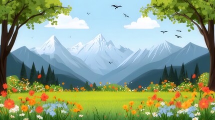 Scenic mountain landscape with vibrant wildflowers and trees.
