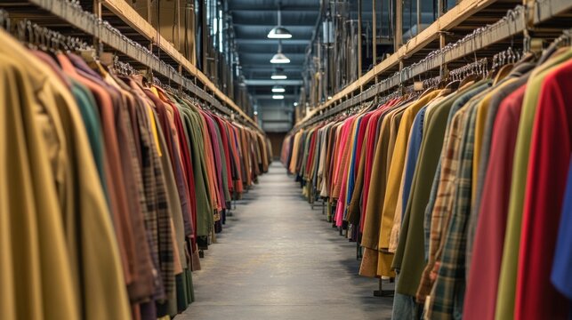 Colorful garments lined in a vast warehouse creating a vibrant corridor of fabric