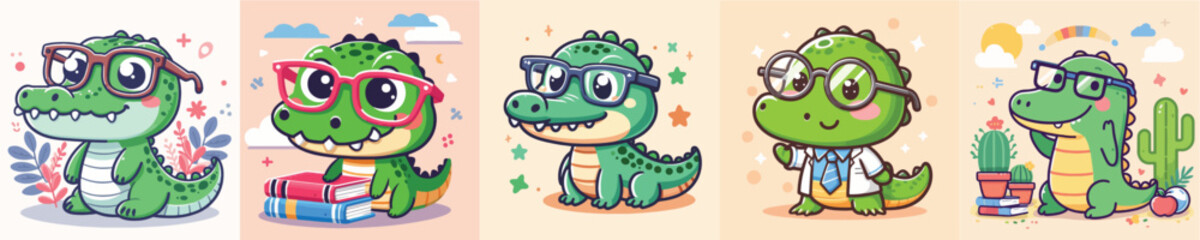 vector set of cute crocodiles wearing glasses