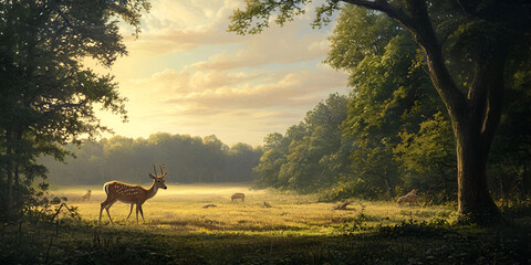 Deer Grazing in Natural Meadow During Daylight