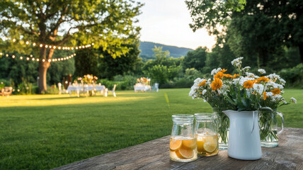 vibrant garden party scene with fresh flowers and refreshing drinks