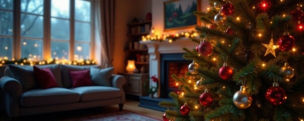 A beautifully decorated Christmas tree with sparkling ornaments and colorful lights in a cozy living room, Lights, Christmas Tree, Living Room