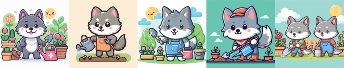 vector set of cute wolves doing gardening