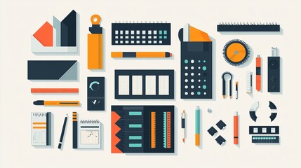 Flat lay of various office supplies and stationery items including charts, graphs, and design elements.