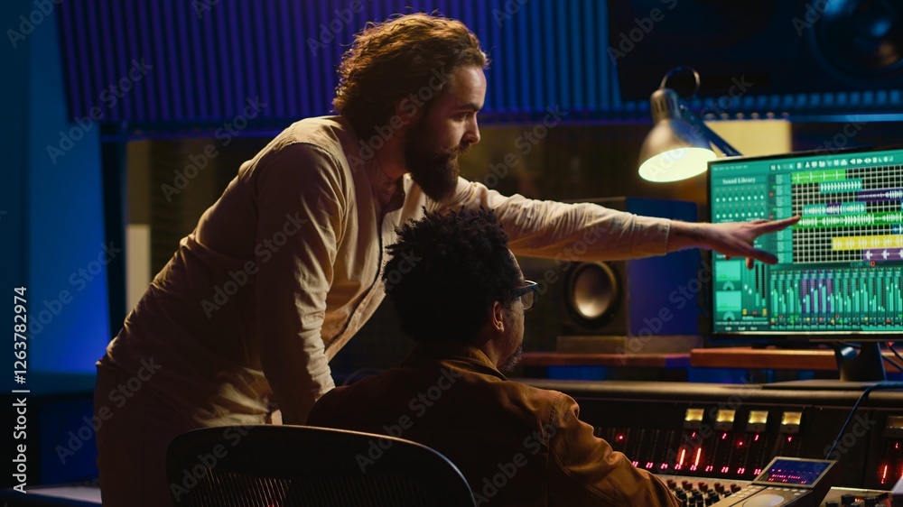 Fototapete tracking engineer collaborating with musician to edit sounds in studio control room, recording tunes