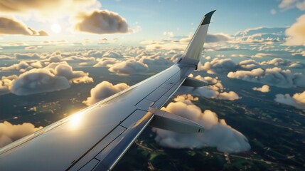 Naklejka premium A stunning view of an airplane wing above fluffy clouds at sunset, capturing the serene beauty of flight. Aviation Edge, Dynamic Wing