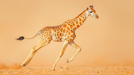 Fototapeta premium Giraffe Running in Desert Landscape under Clear Blue Sky at Golden Hour