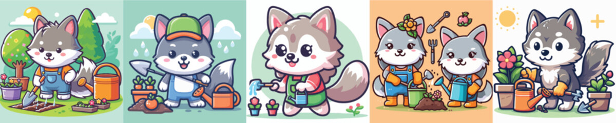 vector set of cute wolves doing gardening