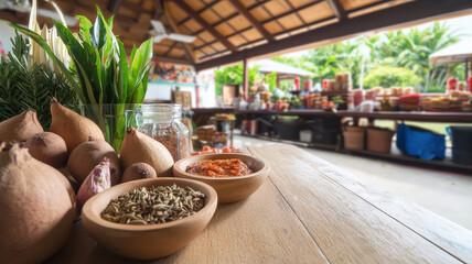 vibrant street market featuring fresh spices, chutneys, and vegetables, creating lively atmosphere