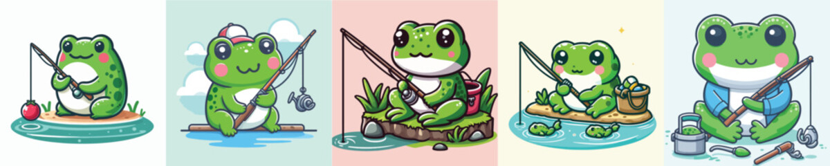 vector set of cute frogs fishing