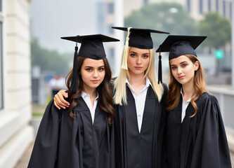 Three young women dressed in black graduation gowns and caps posing together outdoors, showcasing joy and accomplishment at a graduation ceremony
