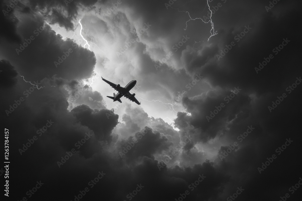 Aufkleber stormy sky features airplane flying through dark clouds with lightning striking in the background du