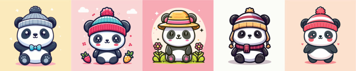 vector set of cute pandas wearing hats