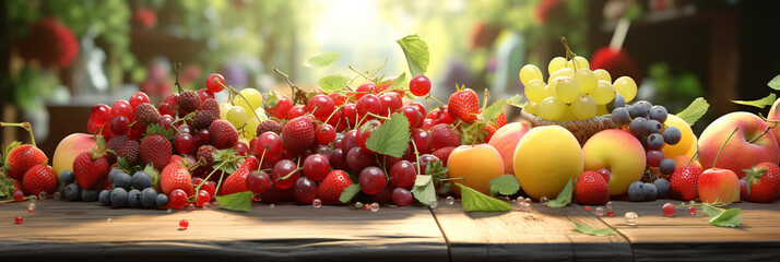 Banner with fruits on light background. Fruity summer harvest.