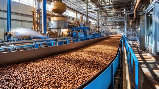 A large industrial chocolate production line with cocoa beans being processed.