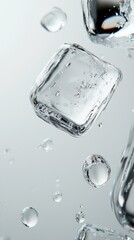 Floating ice cubes create dynamic splashes in clear water on a neutral background