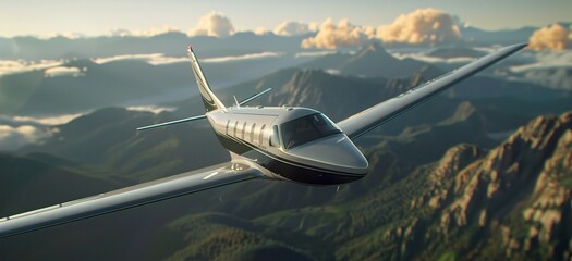 Fototapeta premium A sleek silver aircraft soaring above majestic mountains under a blue sky, capturing the essence of adventure and freedom.
